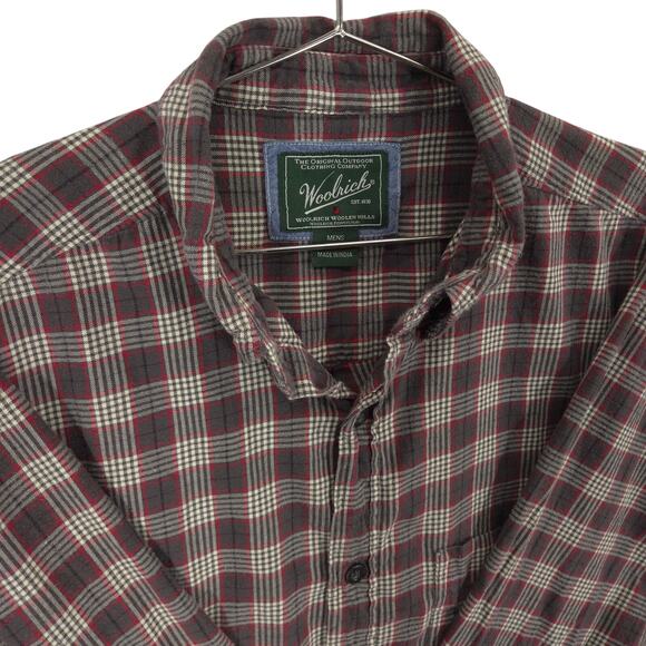 Woolrich Flannel Shirt Mens M Gray Red Plaid Long Sleeve Button Down Outdoor - Picture 1 of 9